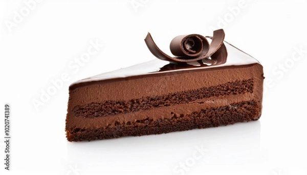 Fototapeta chocolate cake slice with curl on white background