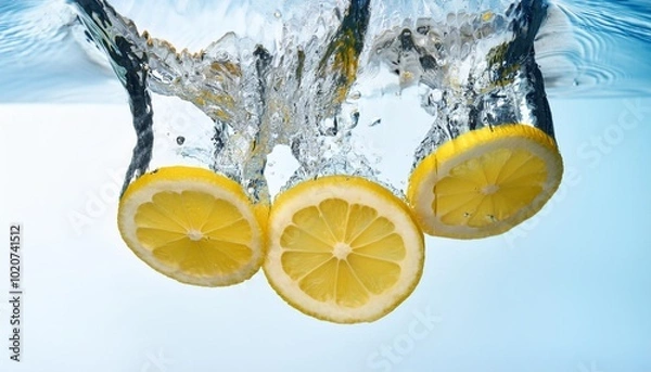 Fototapeta fresh lemon slices splashing into clear water