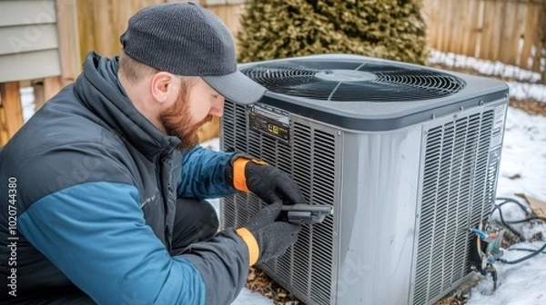 Fototapeta HVAC Technician Working on an AC Unit