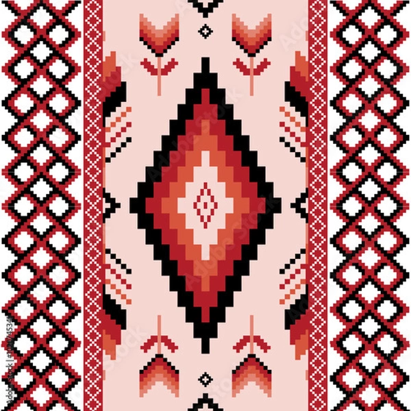 Fototapeta Vibrant pixel art pattern combines geometric shapes and nature-inspired elements, featuring diamonds and feathers in warm reds, blacks and pinks. Perfect for textiles, fashion and digital design