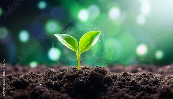 Fototapeta a vibrant green sprout emerging from dark soil symbolizing growth and renewal amidst a digital backdrop