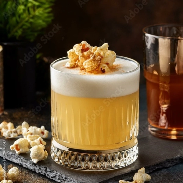 Fototapeta whiskey sour with popcorn garnish in trendy cocktail scene