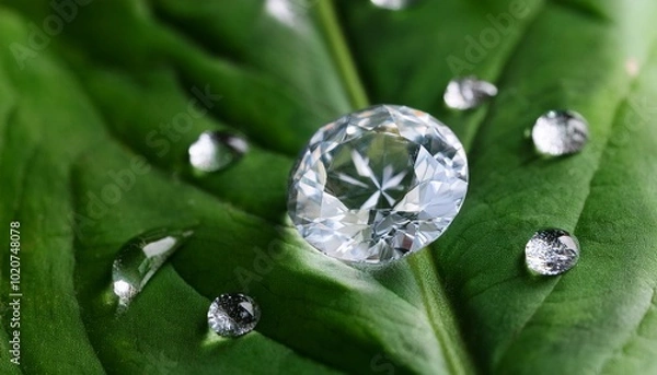 Fototapeta a large clear diamond sits on a green leaf with several small dew drops surrounding it