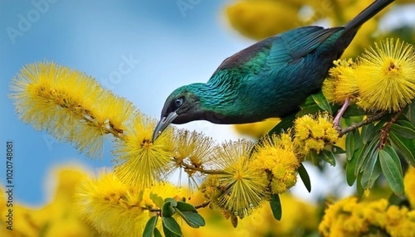 Fototapeta tui bird feeding in kowhai tree with yellow flowers