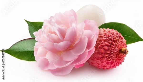 Fototapeta tender pink composition with lychee and rose flower isolated on a white background with clipping path