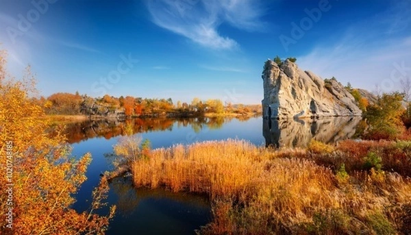 Fototapeta beautiful sunny autumn landscape blue sky and a river enveloping a high stone rock yellow dry grass spreads over the stones the rock is beautifully reflected in the water