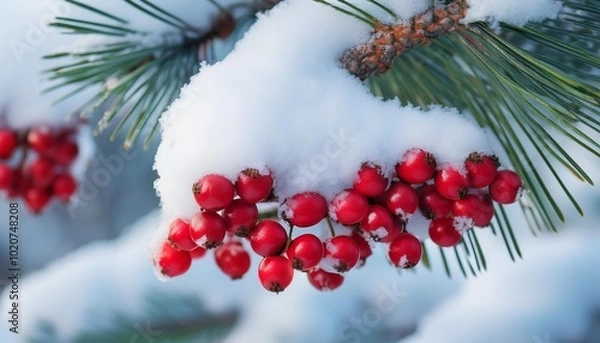 Fototapeta clustered red winter berries on snow dusted pine tree branch