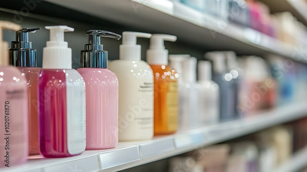Fototapeta Different Shampoo Bottles on Retail Shelf