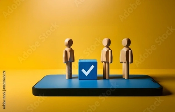 Fototapeta Three wooden figures stand on a blue surface, one in front of a blue cube with a white checkmark.