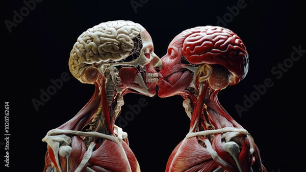 Fototapeta Anatomical Figures Embracing with Detailed Muscle and Brain Structure