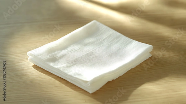 Fototapeta A clean napkin laid out on a light wooden table, ready for a meal setup.