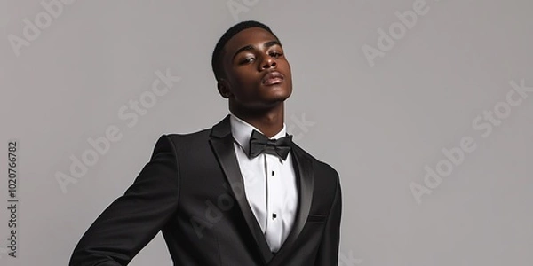Fototapeta Elegant man in black tuxedo and bow tie posing