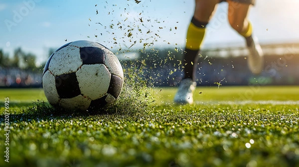 Fototapeta close-up of a football being kicked during a game, with the turf flying up in the background, highlighting the power of the kick