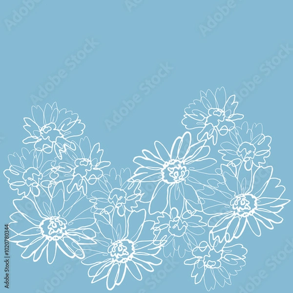 Fototapeta Vector chamomile drawn with thin white lines. white daisies on a blue background. Hand drawn illustration. sketch style.
