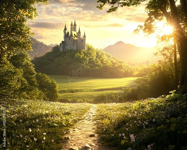 Fototapeta Majestic castle perched on a grand hilltop, surrounded by verdant forests and tranquil fields.