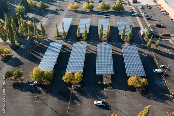 Obraz Aerial Drone photo of an environment-friendly huge roof solar panels, using clean renewable solar energy, installed on a roof of parking lot covers