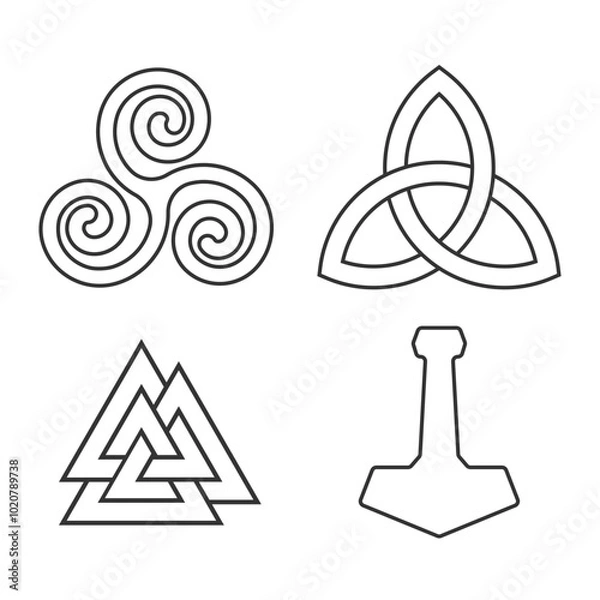 Fototapeta Pagan symbol set. Valknut, triquetra and celtic infinity sign. Thor hammer mjolnir. Nordic culture logo. Vector illustration image.