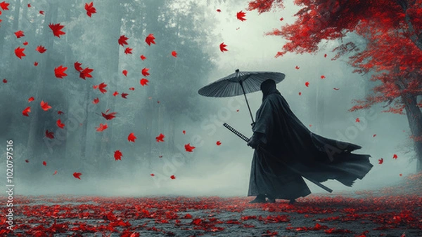 Fototapeta Samurai in Forest with Red Autumn Leaves