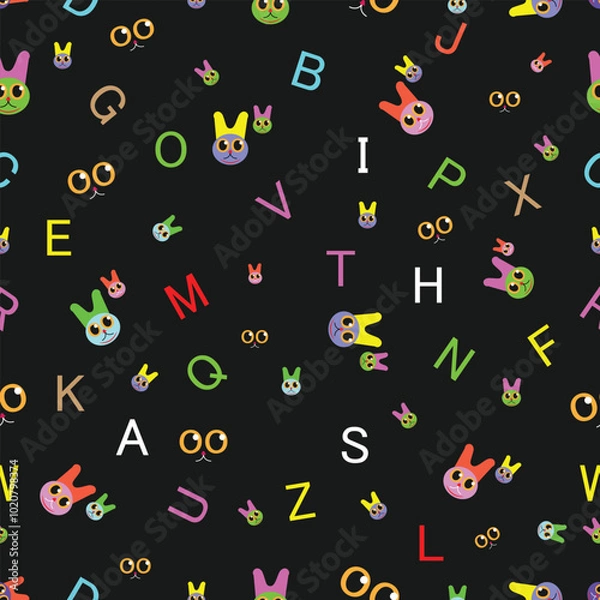 Fototapeta seamless pattern with cats, apparel design, print design, kids clothes, textile seamless patterns, cats, English alphabets, wallpaper, eps vector file
