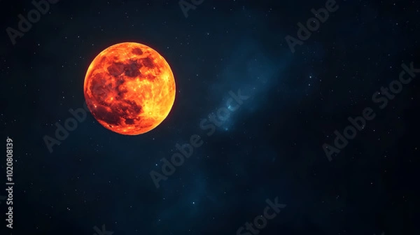 Fototapeta Full Red Moon Over Black Sky: The full red moon against a dark black sky, depicting the total lunar eclipse on July 27, 2018, with Mars causing the red hue.
