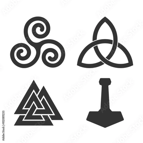 Fototapeta Pagan symbol set. Valknut, triquetra and celtic infinity sign. Thor hammer mjolnir. Nordic culture logo. Vector illustration image.