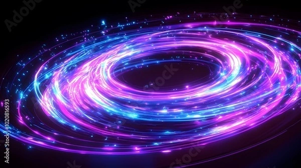 Fototapeta A dynamic purple and blue ribbon of light, spinning in the air with energy lines radiating from its center on a dark background