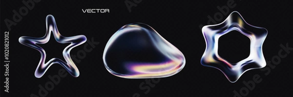Fototapeta Set of 3D holographic fluid elements. Abstract glass liquid form. 