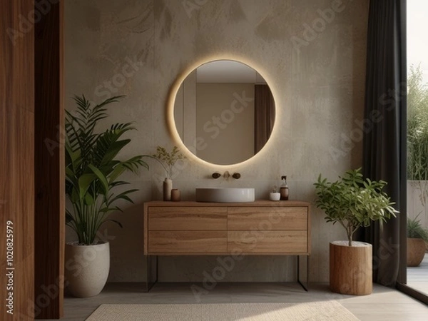 Fototapeta A minimalist bathroom features a wooden vanity with a large round mirror and a single pendant light