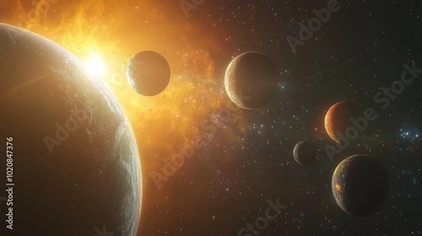 Obraz A distant star system with multiple suns casting different colors on the planets