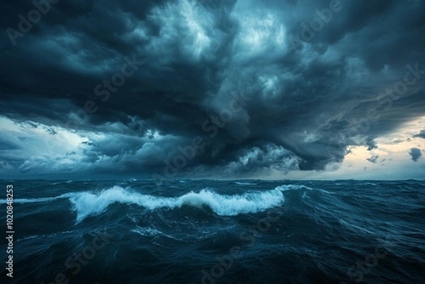 Fototapeta Dramatic storm clouds gather over a turbulent ocean as waves crash under a moody sky at dusk