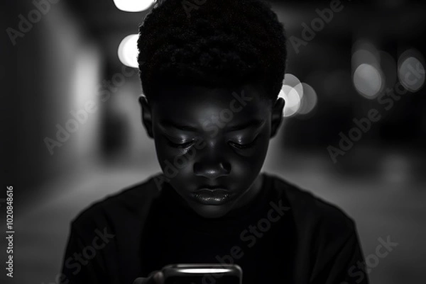 Fototapeta a blacked boy Using Smartphone in Dimly Lit Room