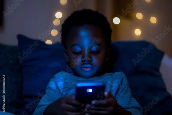 Fototapeta a blacked boy Using Smartphone in Dimly Lit Room