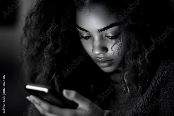 Fototapeta A young Black woman in her late teens sits on the edge of an unmade bed at night, looking down at her phone screen