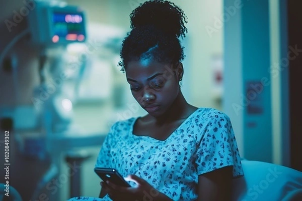 Fototapeta a blacked girl in Hospital Bed Using a Smartphone