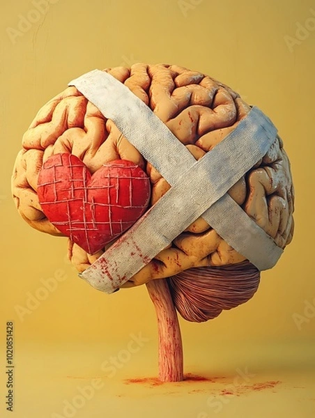 Fototapeta Brain with Bandage and Heart Symbol Representing Mental Health Healing and Care