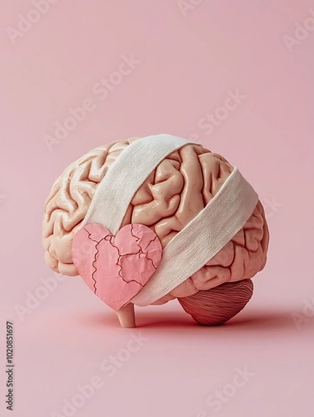 Fototapeta Brain with Bandage and Heart Symbol Representing Mental Health Healing and Care