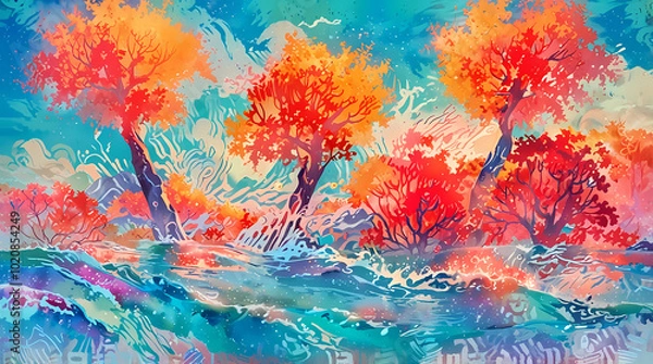 Fototapeta Vivid Anime Abstract Tropical Sunset with Palm Trees Reflected on Ocean Waters And Waves