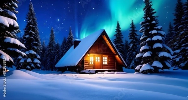 Obraz Aurora Lights Shining Over a Cabin in the Snowy Wilderness_004