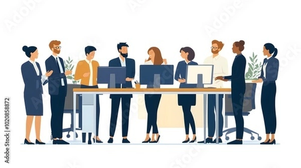 Obraz Cartoon vector-style business team in an office working together on a computer, against a white background.