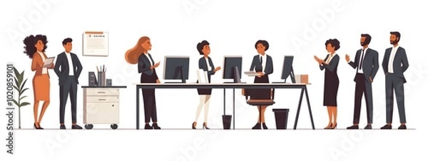 Obraz Cartoon vector-style business team in an office working together on a computer, against a white background.