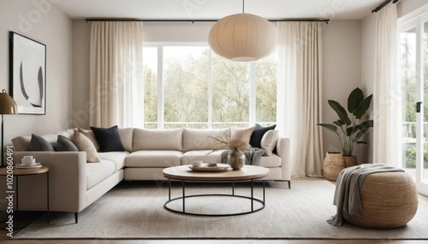 Fototapeta Modern Living Room Interior with Cozy Sofa and Decorative Elements