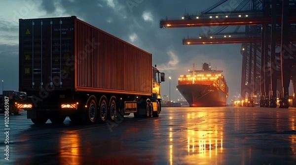Obraz Detailed scene of a container truck waiting at the port gate, with a backdrop of a large cargo ship and port infrastructure, emphasizing the logistics network