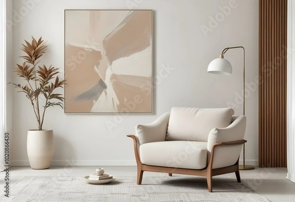 Fototapeta A minimalist living room with a large abstract painting on the wall, a beige upholstered armchair, and a wooden side table with a potted plant.