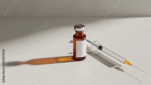 Fototapeta Brown semaglutide pill bottle, clear liquid with white label and grey metal cap. Long shiny plastic syringe on a light grey background. Marketing photo