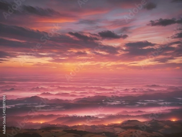 Fototapeta A peaceful early morning sky at dawn with low-hanging, fluffy clouds in soft shades of pink and orange, the sun just starting to peek over the horizon
