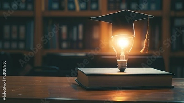 Fototapeta Educational learning and knowledge concept, innovation technology, science and mathematics concept, graduation cap with light bulb on book and learning icons in classroom.
