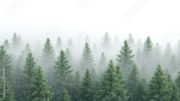 Fototapeta A foggy forest landscape with tall evergreen trees disappearing into the mist, creating a serene and mysterious atmosphere.