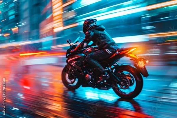 Fototapeta Motorcyclist in Motion with Blurred City Lights and Skyscrapers, Red Tail Light Illuminating the Scene, Energetic Nighttime Ride