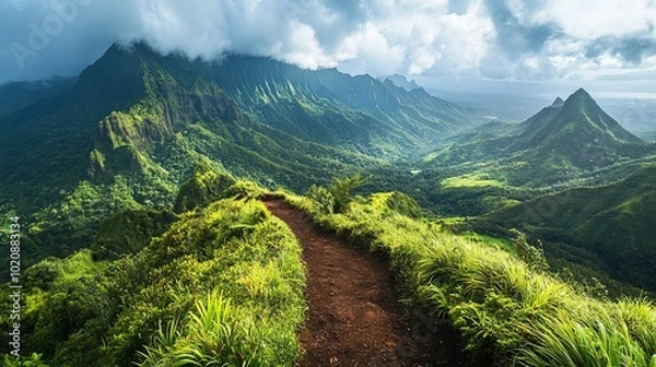 Obraz A winding dirt path leads through a lush green mountain range in Hawaii
