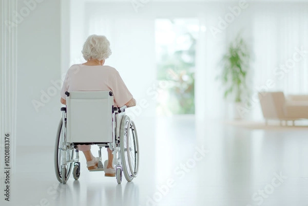 Fototapeta A serene image of an elderly woman sitting in a wheelchair being pushed by a nurse in a bright, peaceful healthcare environment. The space is filled with natural light and supportive care.